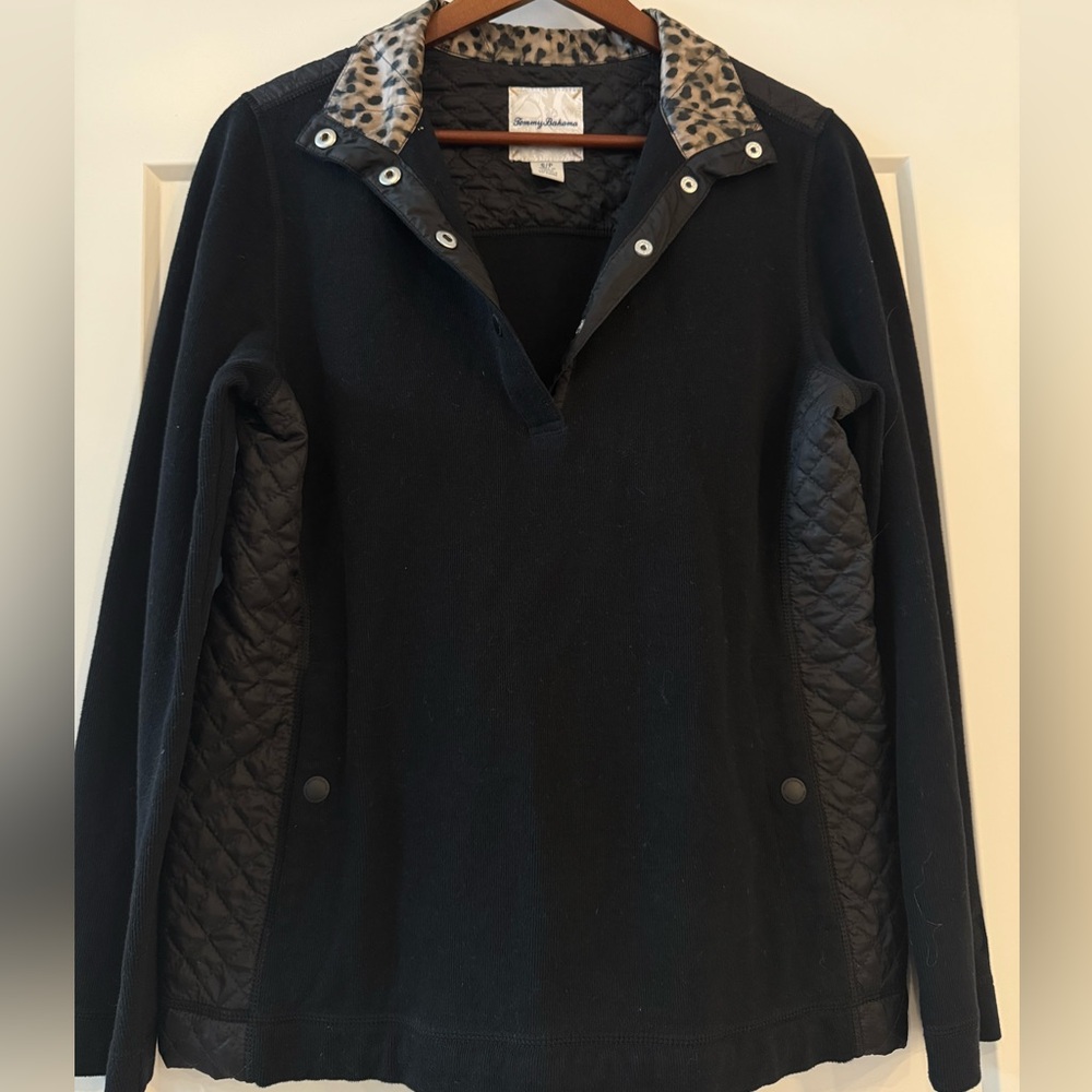 Tommy Bahama Black Pullover with Leopard-Trim Collar Size S